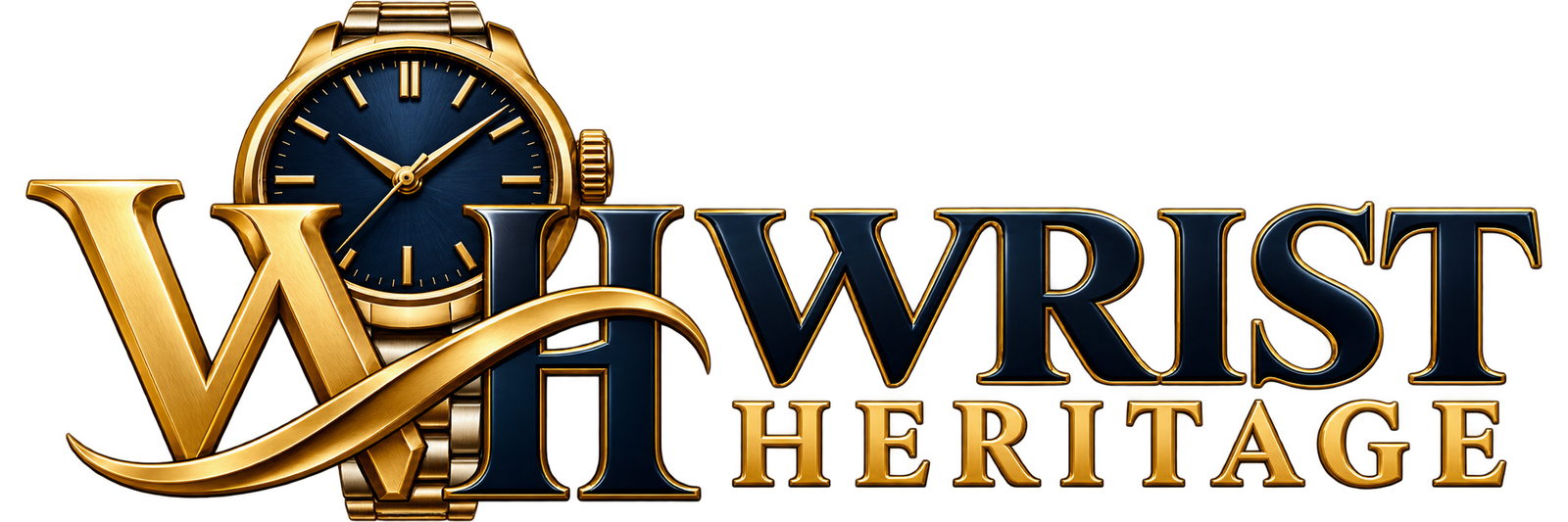 Luxury watch logo for Weris Heritage featuring a gold and silver W-H monogram with a sleek watch face on a black background.